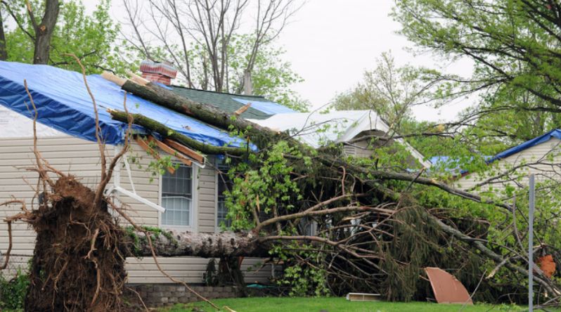 Home roof inspection after hailstorm with restoration expert repairing shingles in Colorado neighborhood