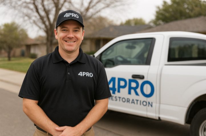4PRO Restoration technician standing beside service truck ready for storm clean-up in Colorado