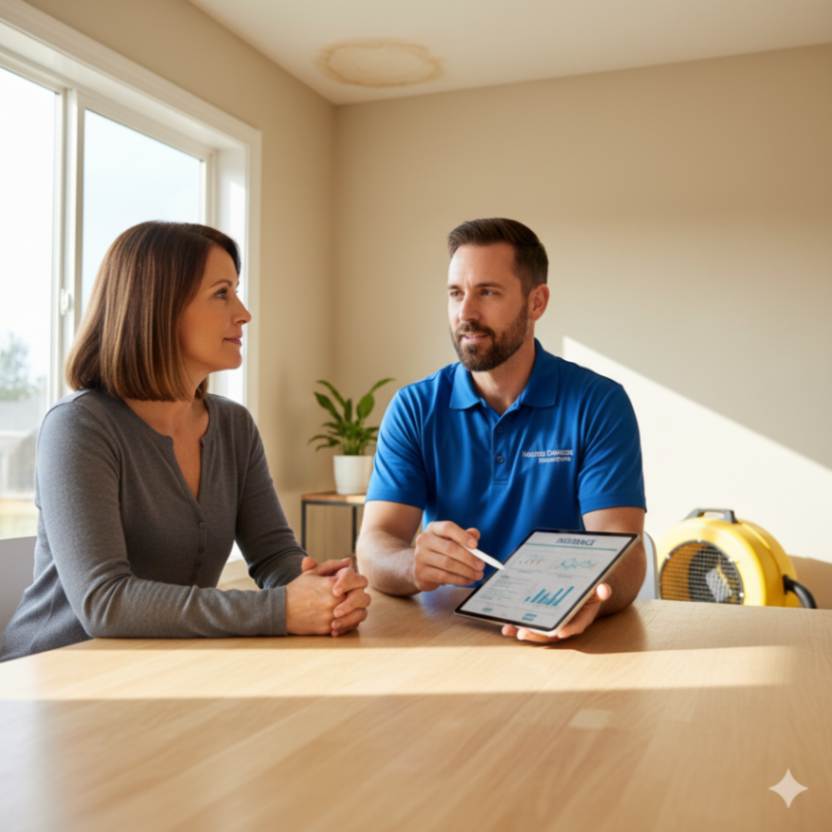 Homeowner reviewing water damage claim documents with restoration expert in Denver, Colorado