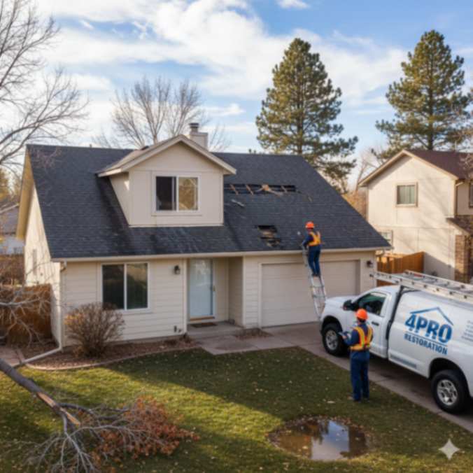 Restoration team inspecting roof and siding damage after a Colorado storm at a suburban home