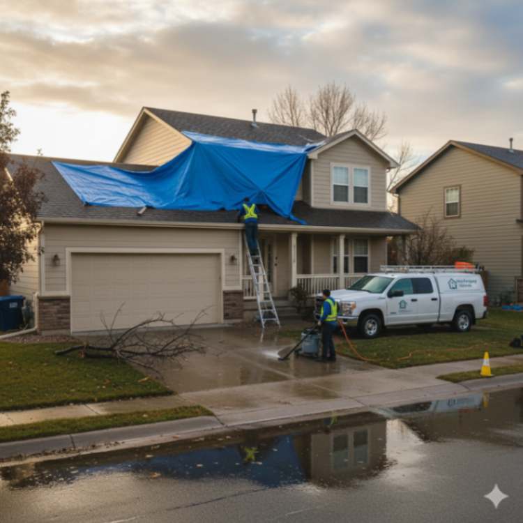 Restoration crew providing 24/7 emergency storm damage cleanup and roof tarping in Denver home