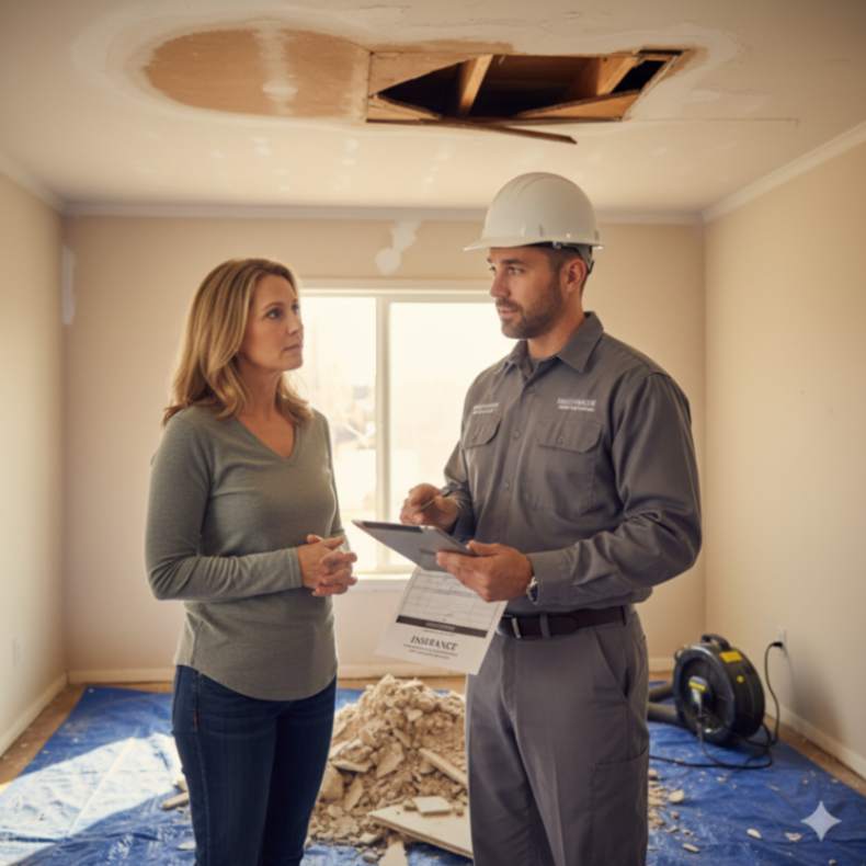 Homeowner meeting restoration expert to discuss storm damage insurance claims in Denver, Colorado