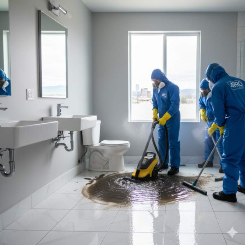Bathroom sewage cleanup in Denver — technicians removing water from toilet overflow.
