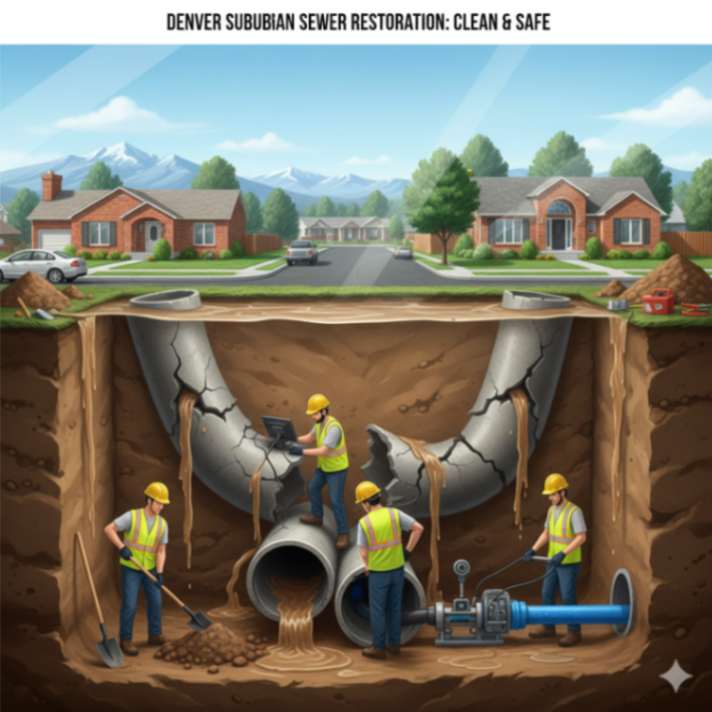 Technician inspecting blocked main sewer line in Denver home.