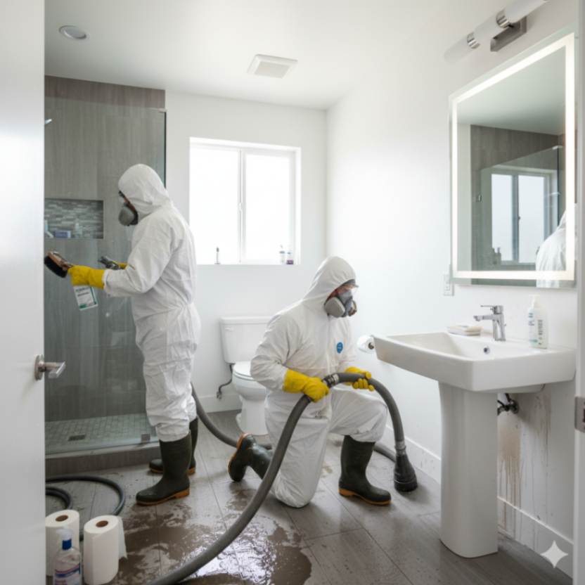 Emergency sewage cleanup in Denver bathroom by 4PRO Restoration.