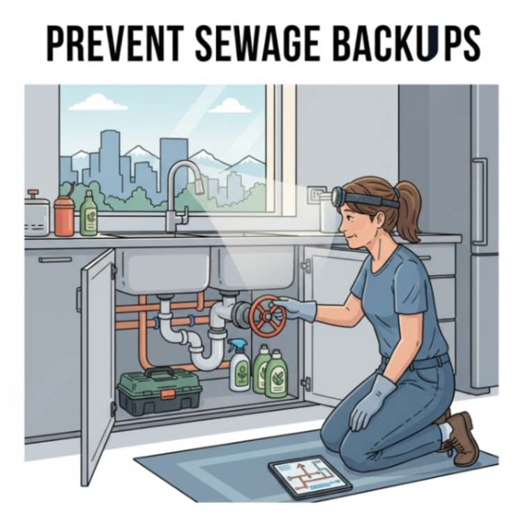 Homeowner inspecting pipes to prevent sewage backups in Denver home.