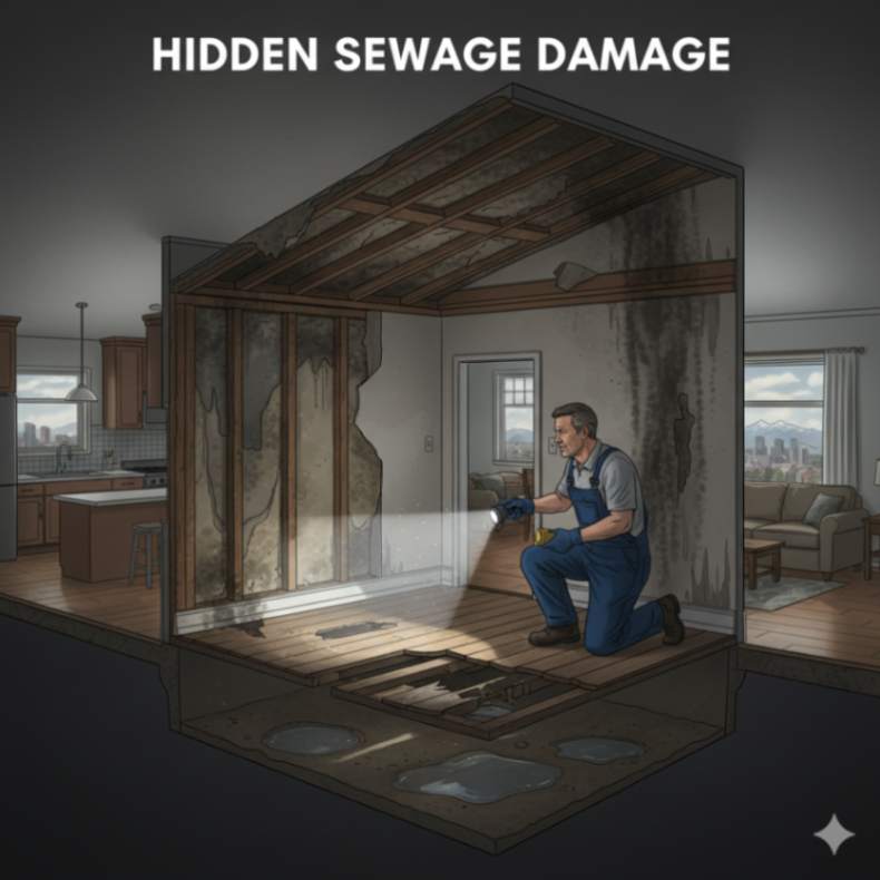 Technician inspecting hidden sewage damage behind walls and under floors.