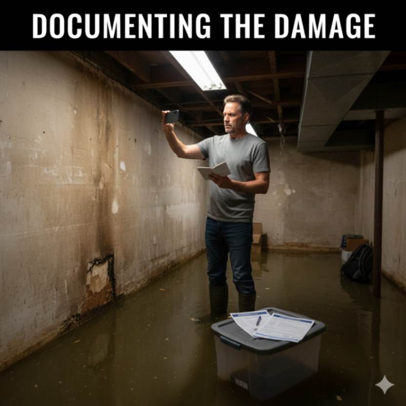 Homeowner documenting sewage damage for insurance claim in Denver basement.