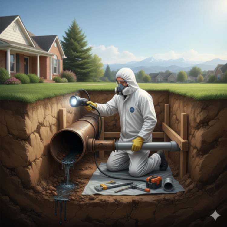 Broken underground sewer pipe repair by 4PRO Restoration in Denver.