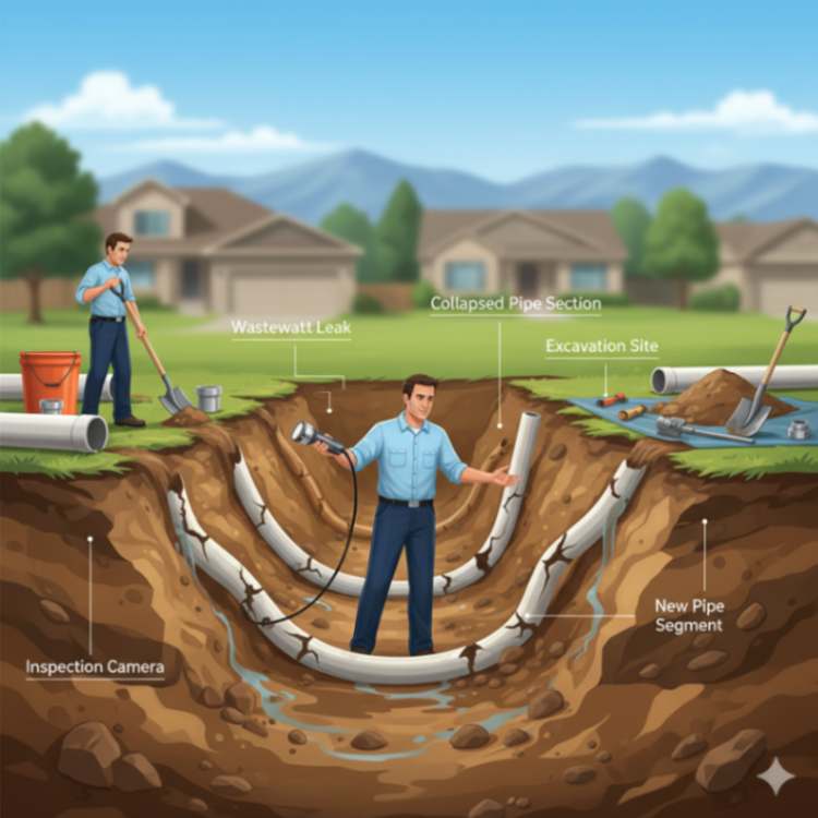 Tree root intrusion in Denver sewer line being inspected by restoration team.