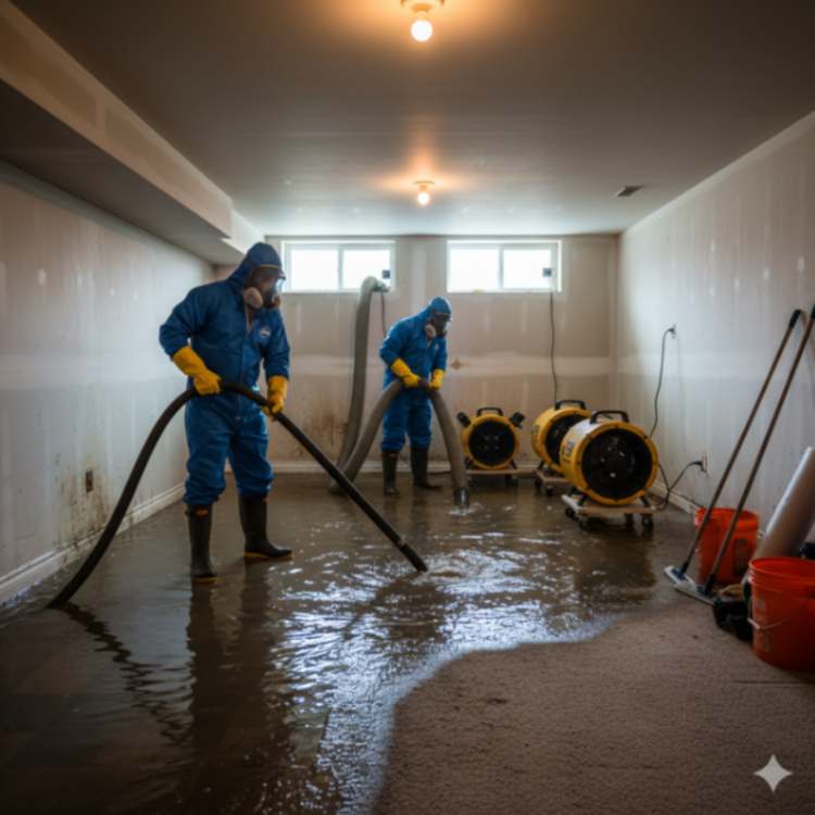 Sewage flooding cleanup in Denver basement after heavy rain.