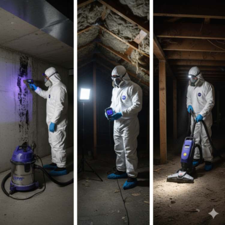 Mold remediation technician cleaning basement, attic, and crawl space in a Colorado home