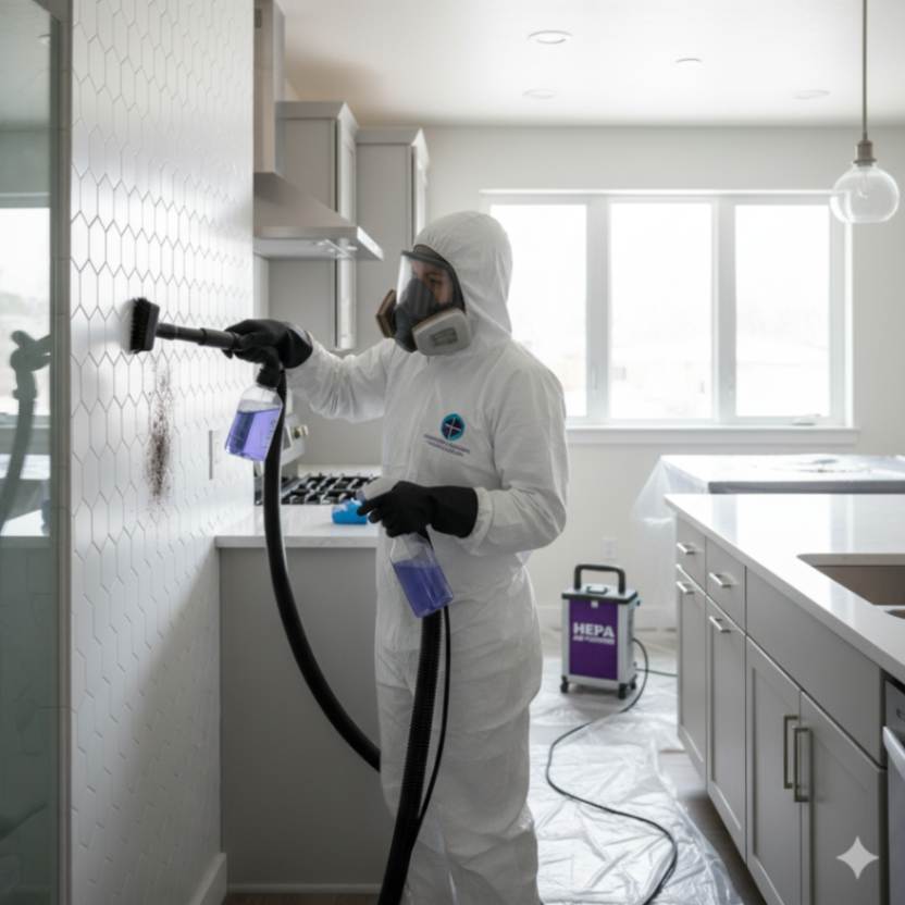 Professional mold remediation technician cleaning mold from kitchen and bathroom surfaces in a Colorado home