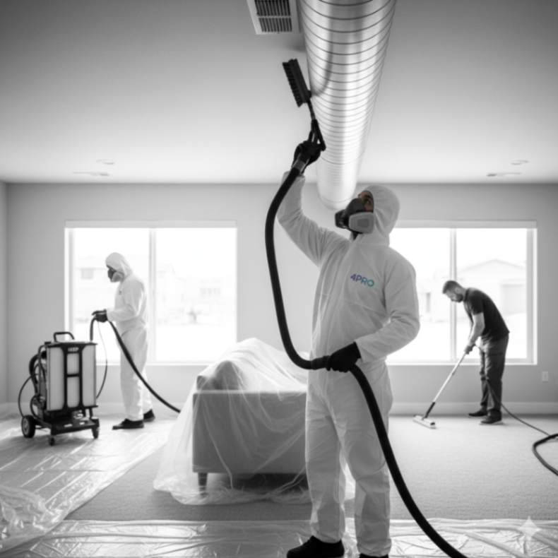 Mold remediation specialist cleaning HVAC ducts, carpet, and furniture in a Colorado home