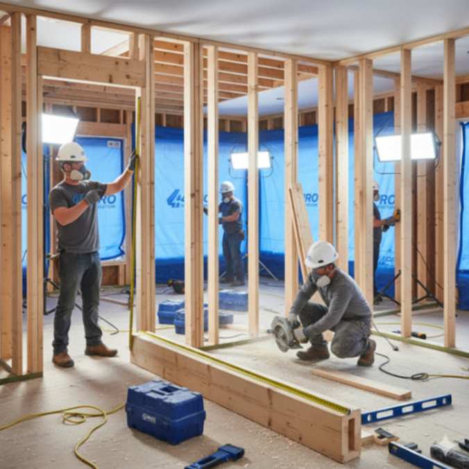 A skilled general construction crew working on a modern building structure with professional equipment and safety gear.