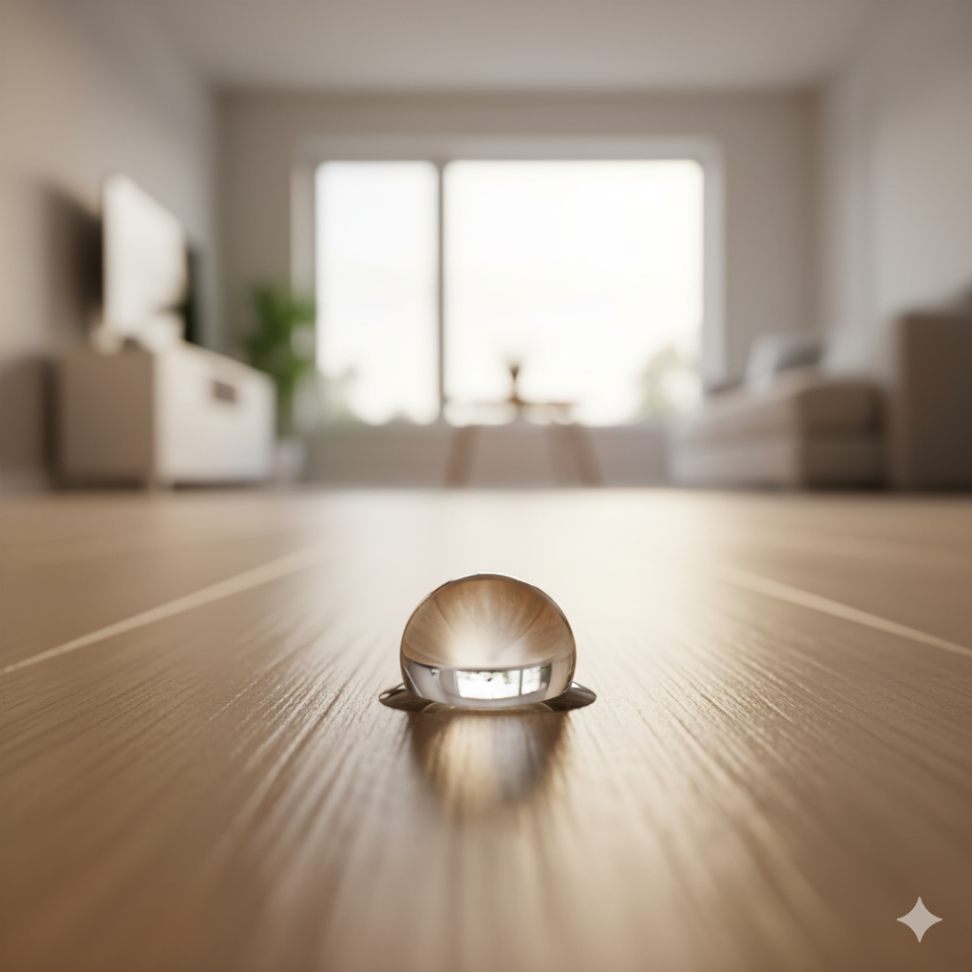 A close-up view of a clean water droplet on a wooden floor inside a modern home, symbolizing early leak detection and prevention.