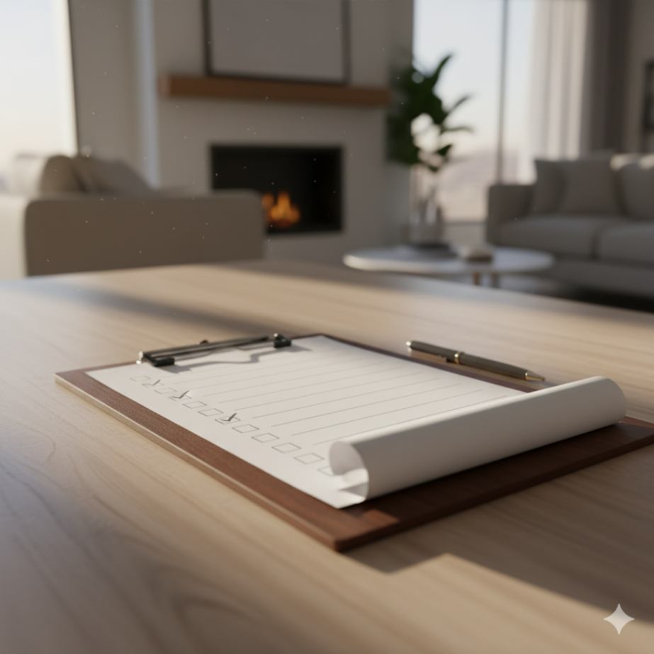 A close-up of a clipboard with a checklist on a wooden table, with a softly blurred living room in the background, symbolizing home inspection and insurance documentation.